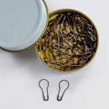 bulb shaped antique bronze and black metal locking stitch markers in white tin