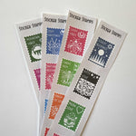 postage stamp shaped stickers in strips of four 