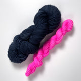 Quarter to midnight dark blue grey plus neon pink mini skein