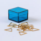 Triangle Stitch Markers - Metallic Gold Stainless in blue storage case