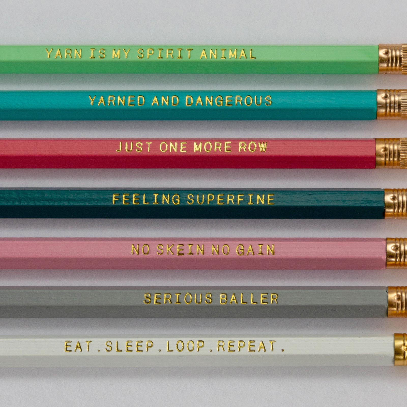 Seven pencil set for knitters - seven different sayings and fun puns about yarn, knitting and crochet