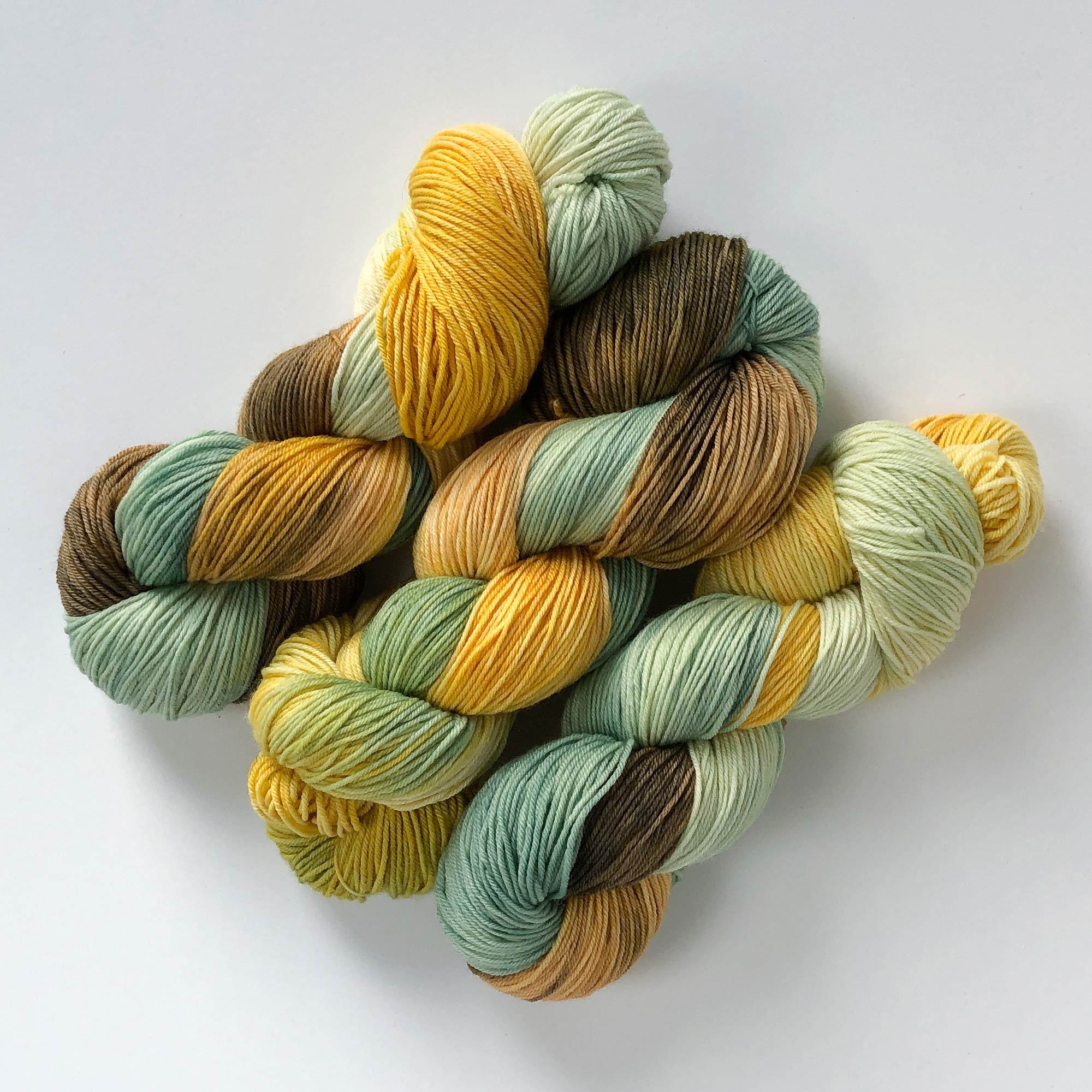 sage blue and green, gold and brown sock yarn -- hand-dyed, variegated merino