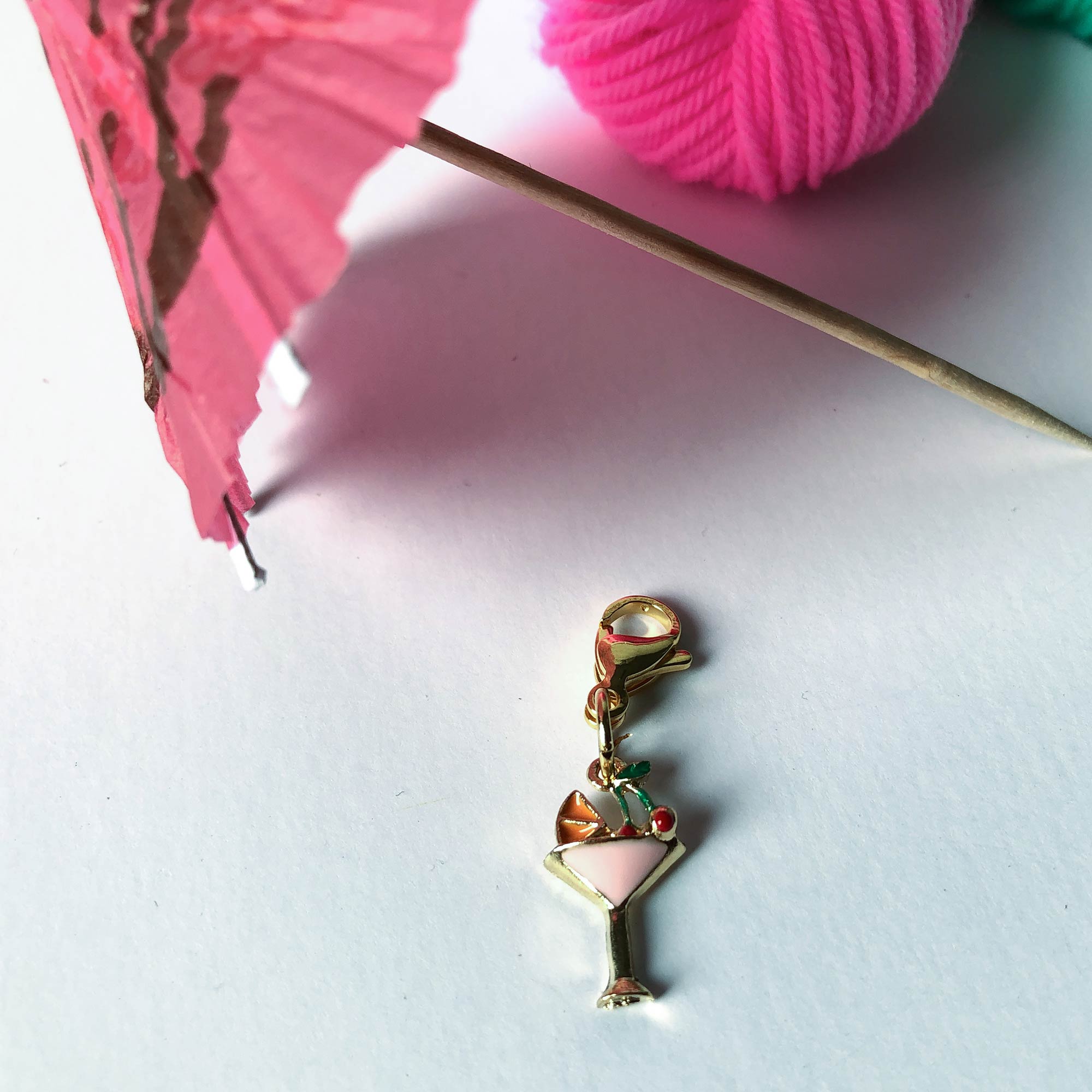 cocktail charm stitch marker / zipper pull comes with the happy hour mini-skein set (makes for great giving and gifting)