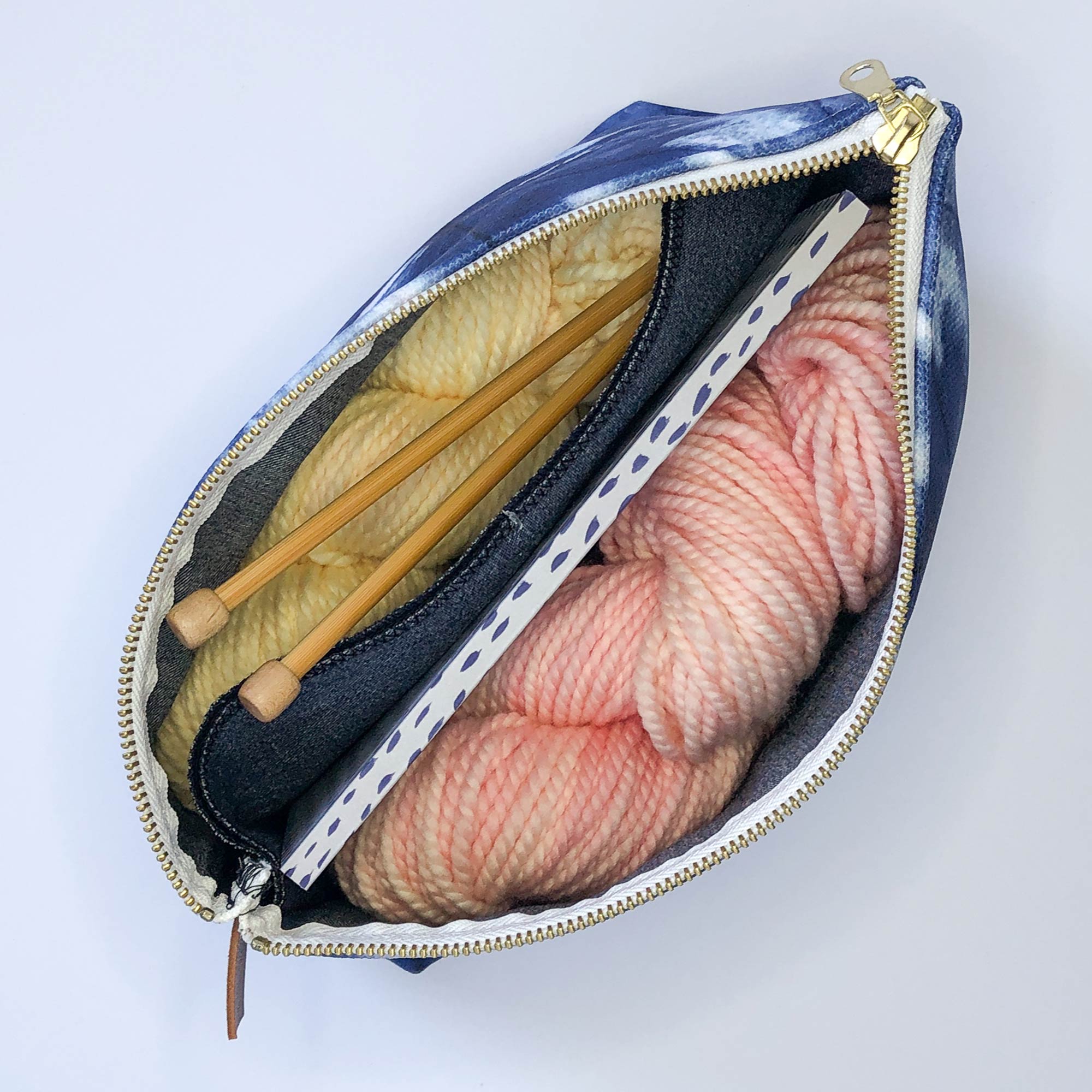 shibori indigo blue project bag for knitters and crocheters