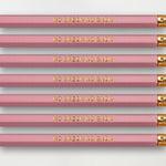 Novelty yarn themed pencil set for knitters and crocheters saying "just one more row" 