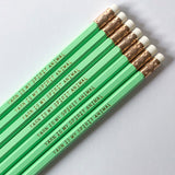 Pencil set for knitters and crocheters says "Yarn is my spirit animal" in gold lettering on wood pencils made in the USA