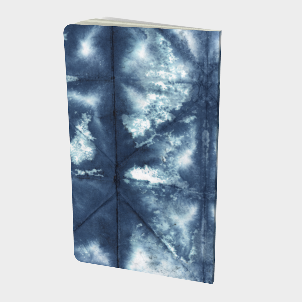 back of notebook showing the tie dye blue and white print
