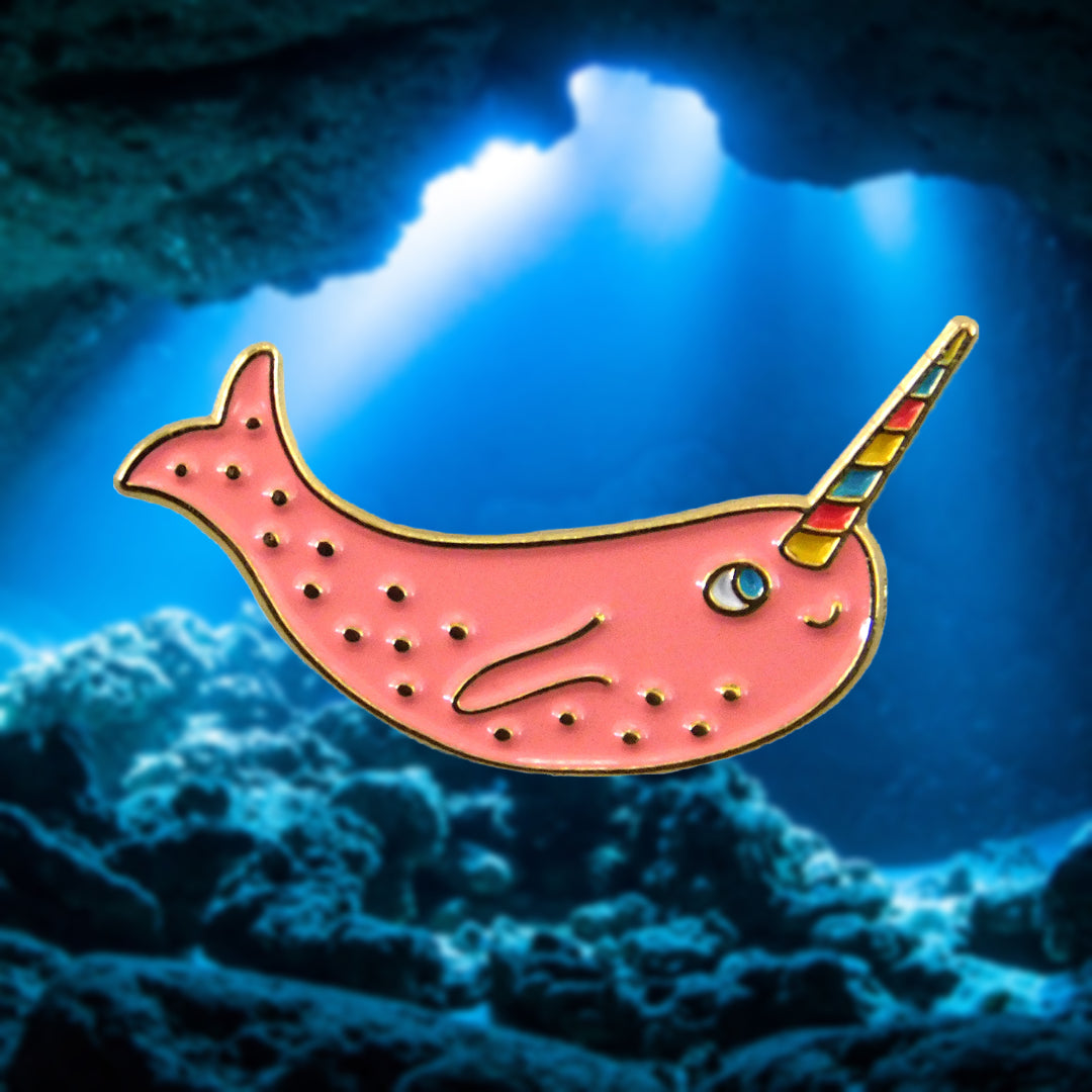 Narwhal lapel pin with rainbow horn - pink enamel on gold metal