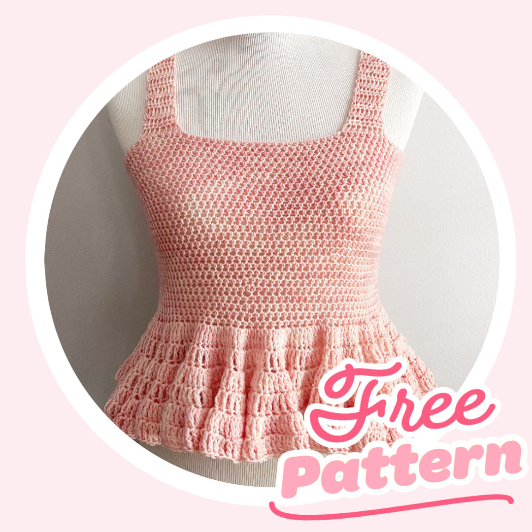 strawberry cream peplum tank top crochet pattern by fiber flux, in cherry blossom hand dyed yarn from global backyard